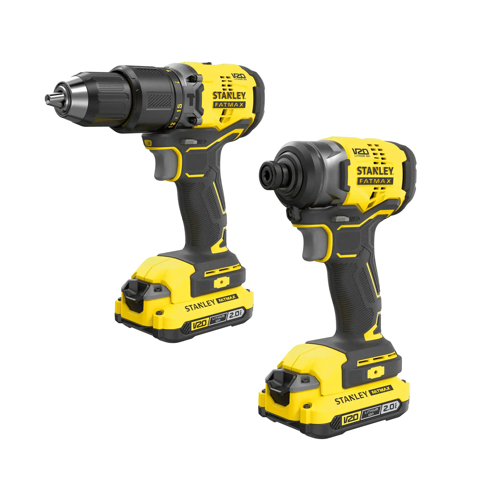 Kit de taladro y atornillador de impacto inalámbricos STANLEY SBDI461D2S, amarillo y negro, vista frontal sobre fondo blanco.