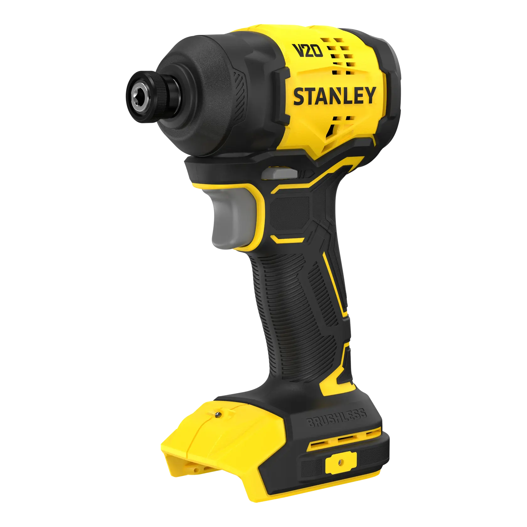 Atornillador de impacto inalámbrico STANLEY SBI811B-B3, amarillo y negro, ángulo frontal izquierdo sobre fondo blanco.
