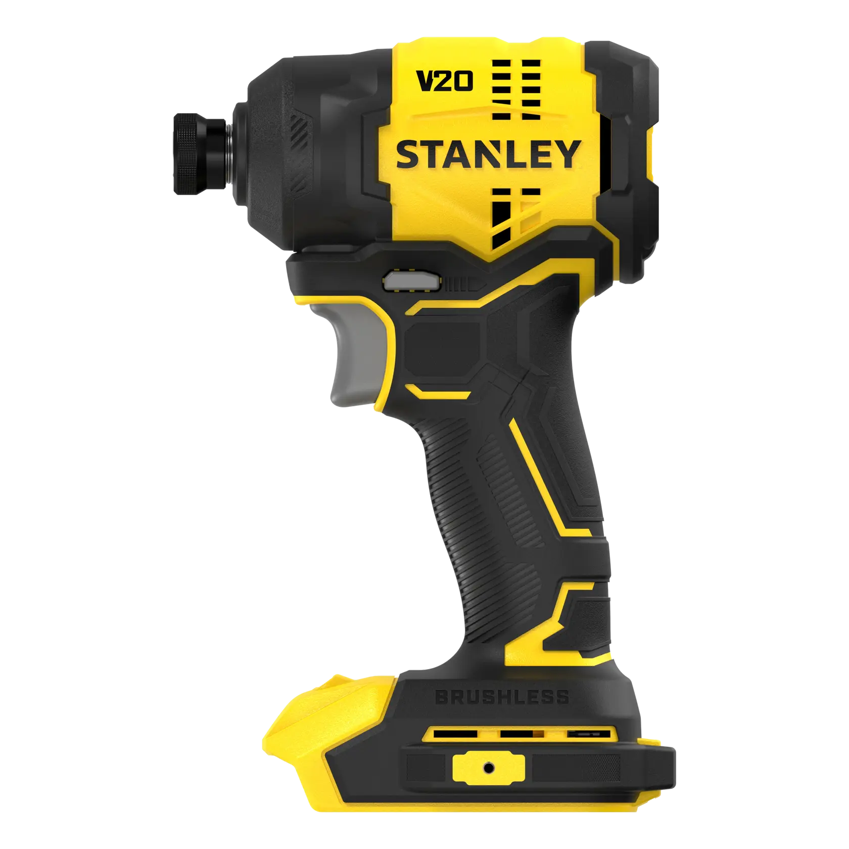 Fotografía de atornillador de impacto inalámbrico STANLEY SBI811B-B3, amarillo y negro, vista lateral sobre fondo blanco.