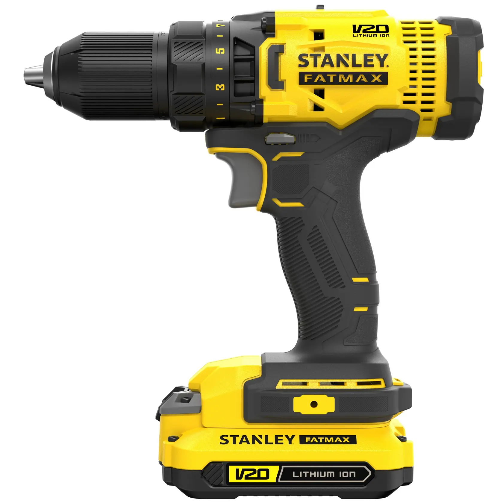 Taladro inalámbrico Stanley SCD700C2K-B3, amarillo y negro, vista lateral sobre fondo blanco, serie V20 Lithium Ion.