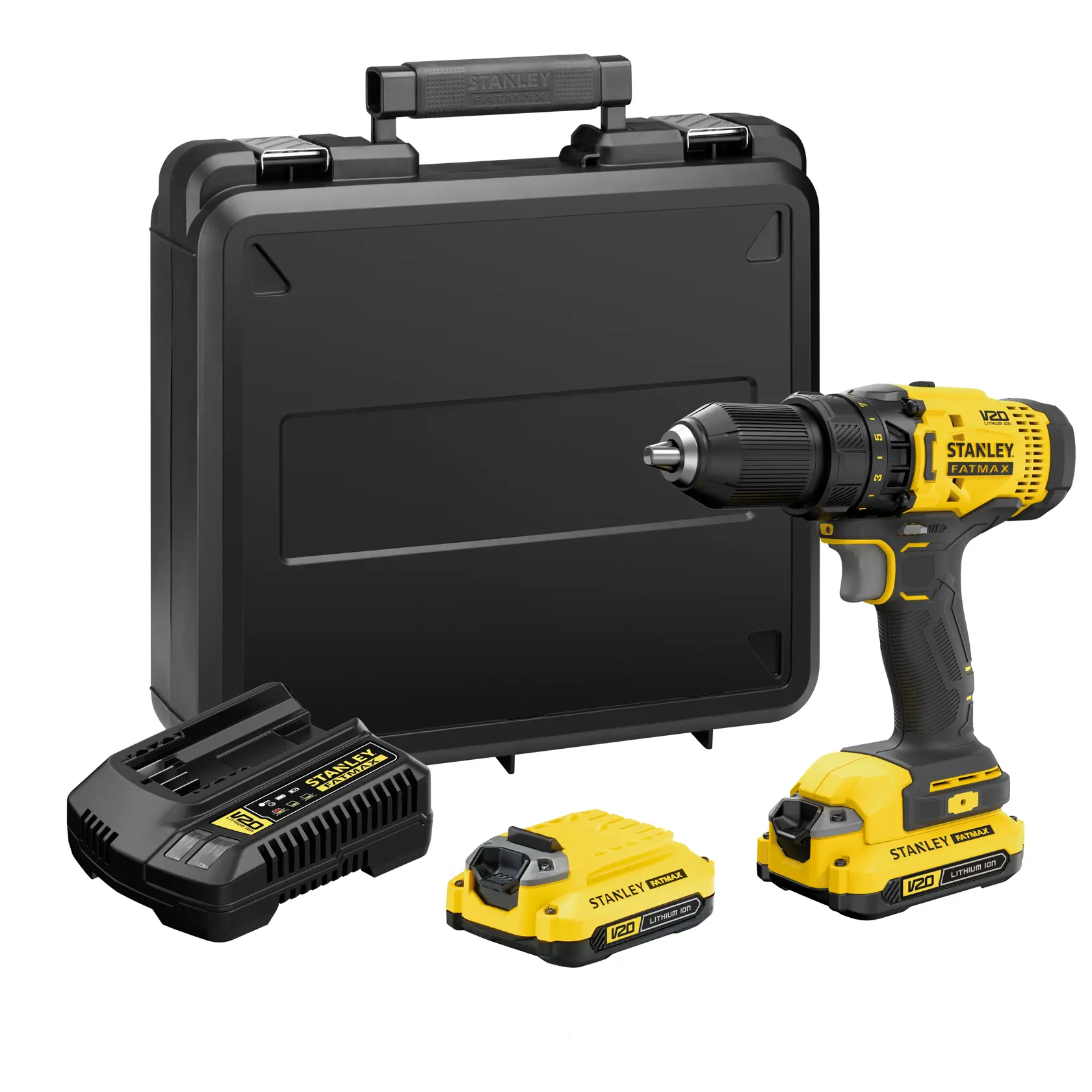 Kit de taladro inalámbrico STANLEY SCD700C2K-B3 con estuche, cargador y dos baterías amarillas, ángulo frontal.