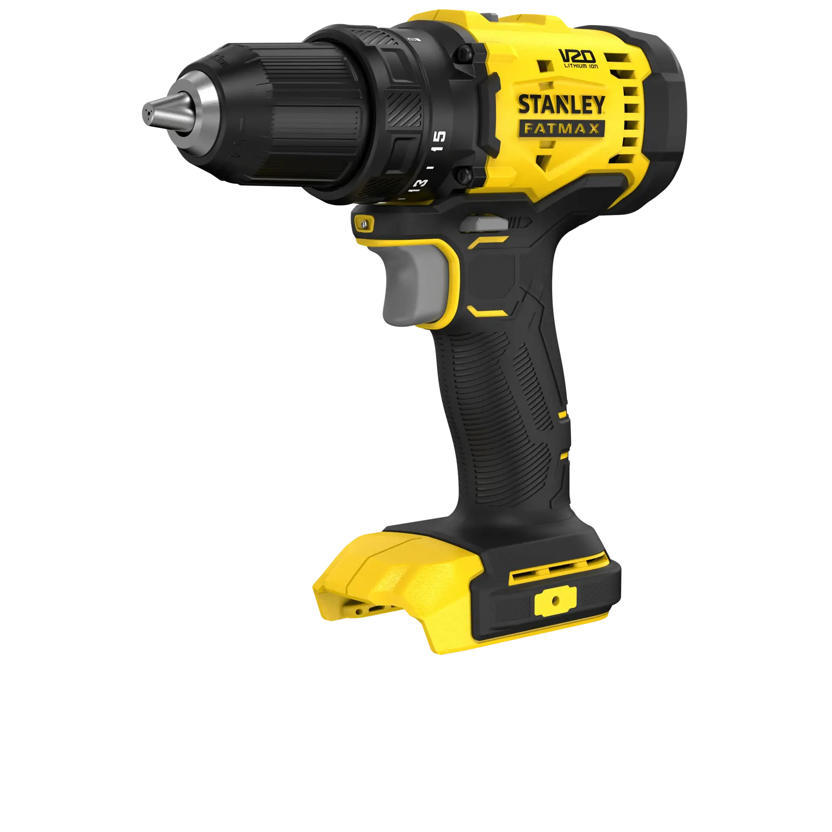Taladro inalámbrico STANLEY SCD701B-B3, amarillo y negro, ángulo derecho sobre fondo blanco.
