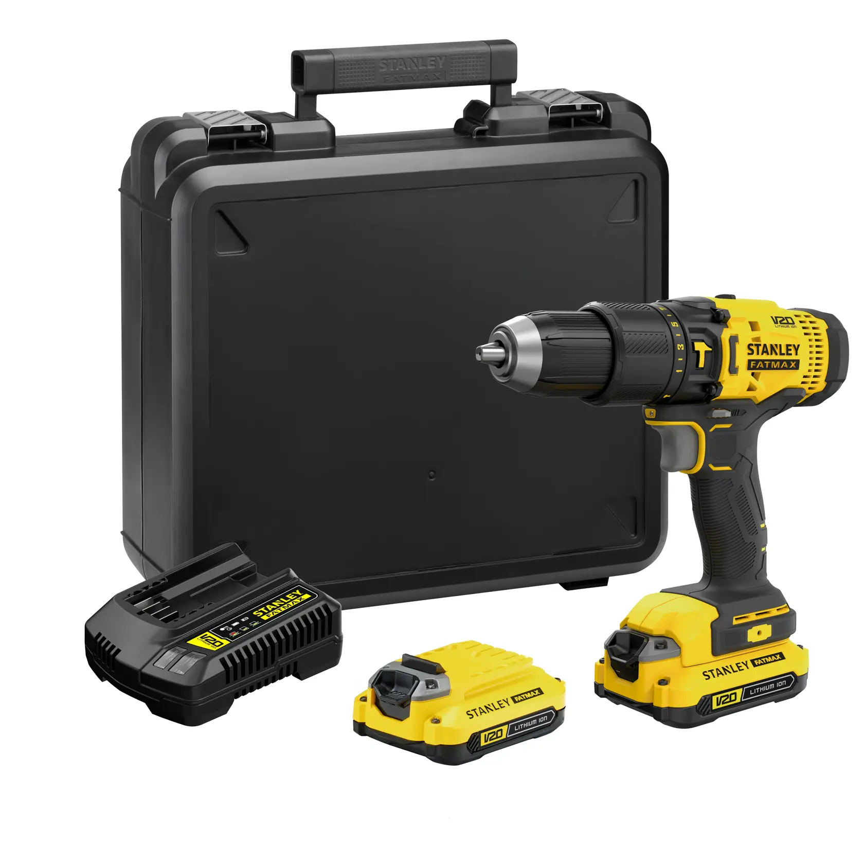 Taladro inalámbrico Stanley SCD711C2K-AR con batería, cargador, batería extra y maletín rígido, ángulo frontal.