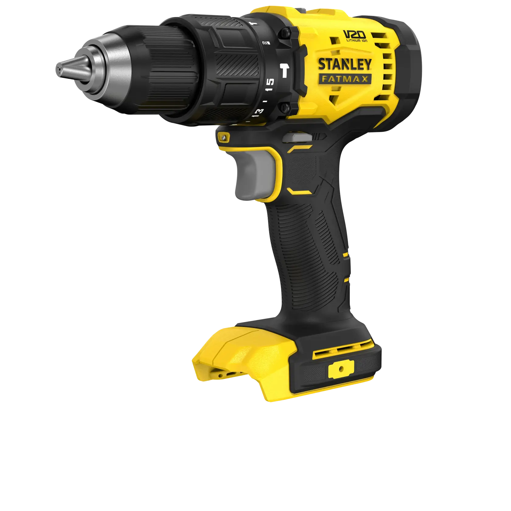 Parafusadeira furadeira sem fio STANLEY SCD712B-B3, amarela e preta, vista lateral, com empunhadura e sem bateria acoplada.