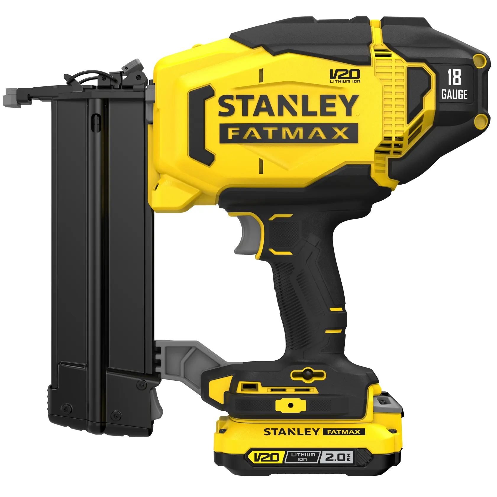 Foto del STANLEY SCN618 Fatmax clavadora inalámbrica de 18 gauges, amarilla y negra, vista lateral, fotografía de producto.