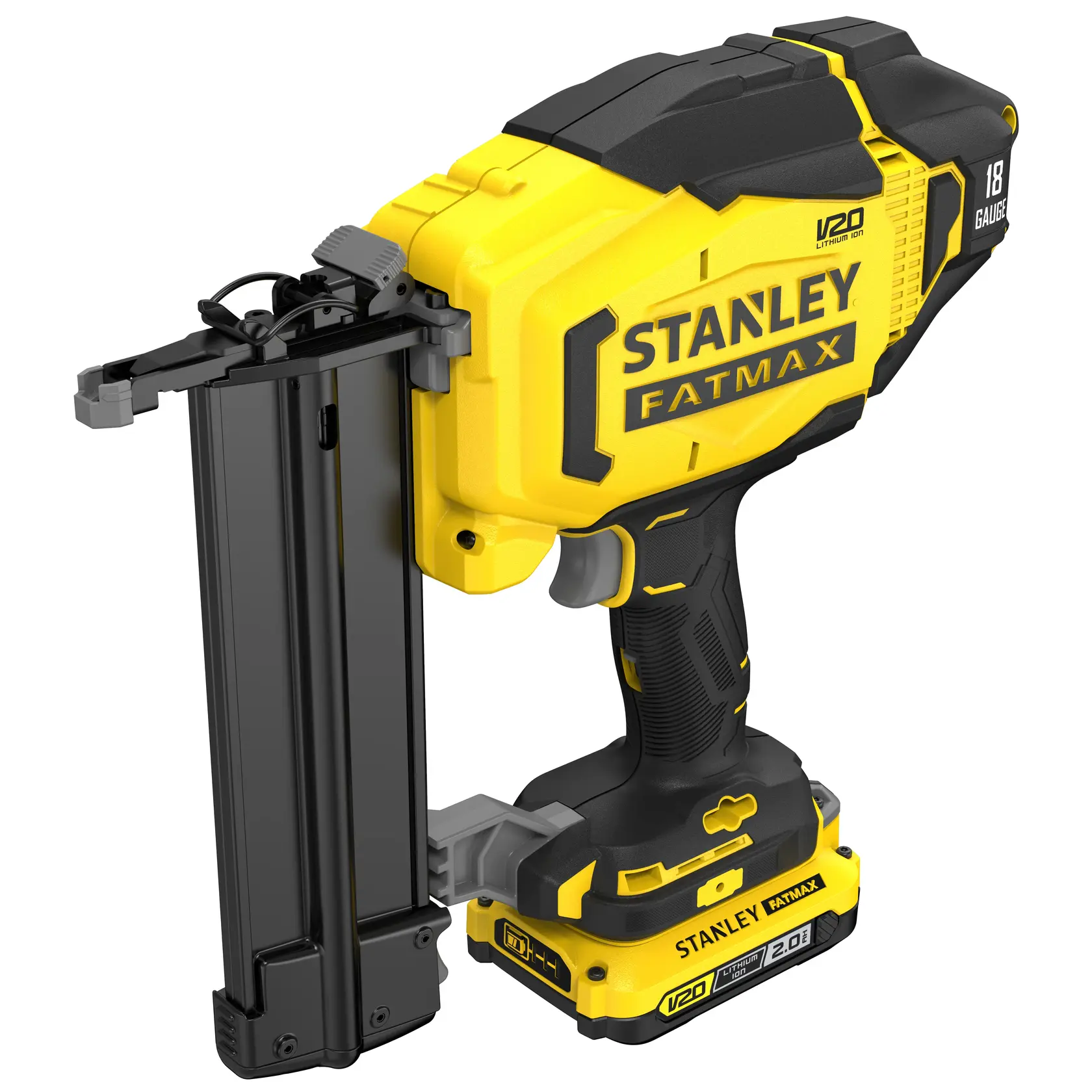 STANLEY FATMAX clavadora inalámbrica, SKUs SCN618, SCN618B-B3, SCN618B, fotografía, ángulo lateral en blanco.