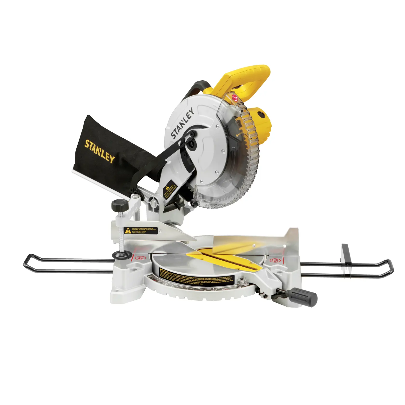 STANLEY SM16 sierra ingletadora con mango amarillo y bolsa para polvo, vista lateral sobre fondo blanco.