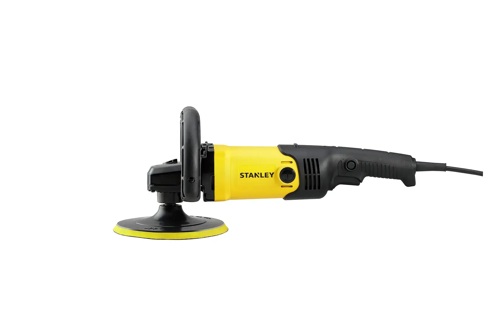 Stanley SP137, SP137K-B3, SP137-IN pulidora amarilla y negra fotografía, vista lateral fondo blanco.
