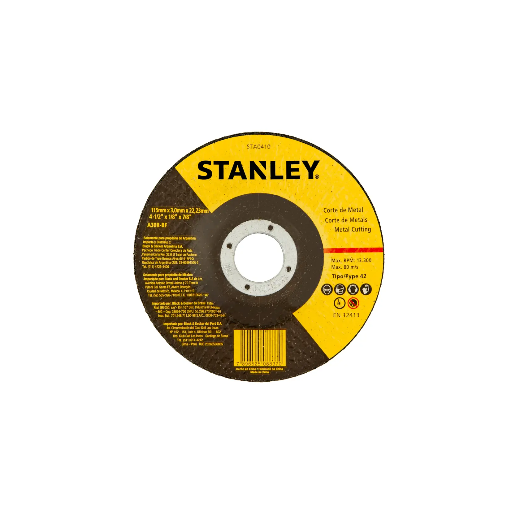 STANLEY STA0410 disco de corte de metal, negro y amarillo, vista frontal sobre fondo blanco.