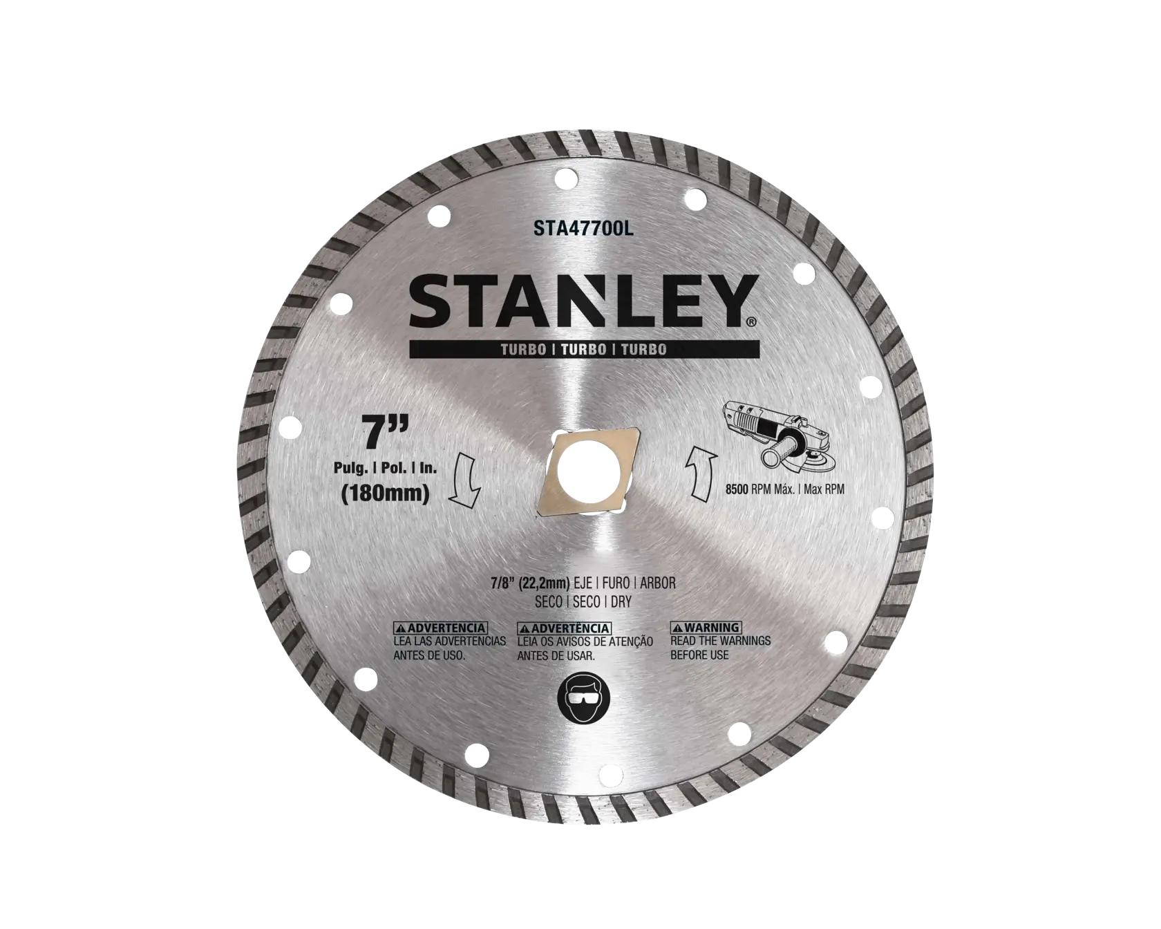 Fotografía desde arriba de disco de sierra circular STANLEY STA47700L, borde segmentado, plateado y negro.