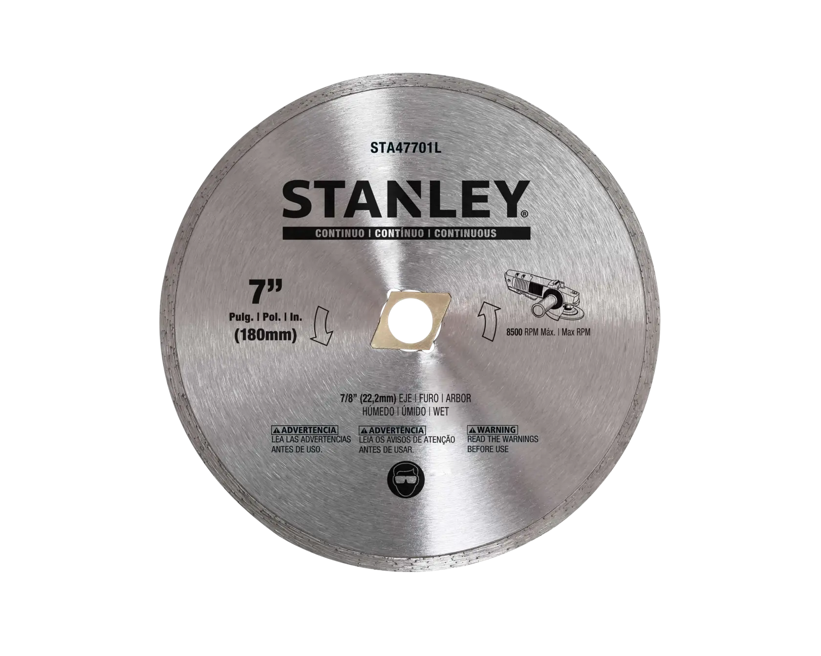 Fotografía del disco de sierra diamantado STANLEY STA47701L de 7 pulgadas, borde continuo, color plateado, ángulo frontal, fondo blanco.
