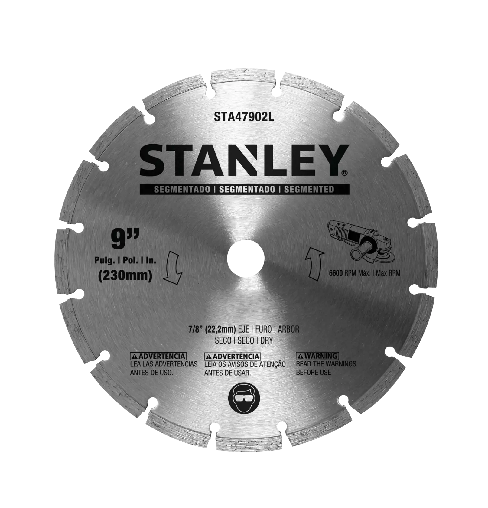 Foto da lâmina segmentada de diamante STANLEY STA47902L, 9 polegadas, prateada, em fundo branco.