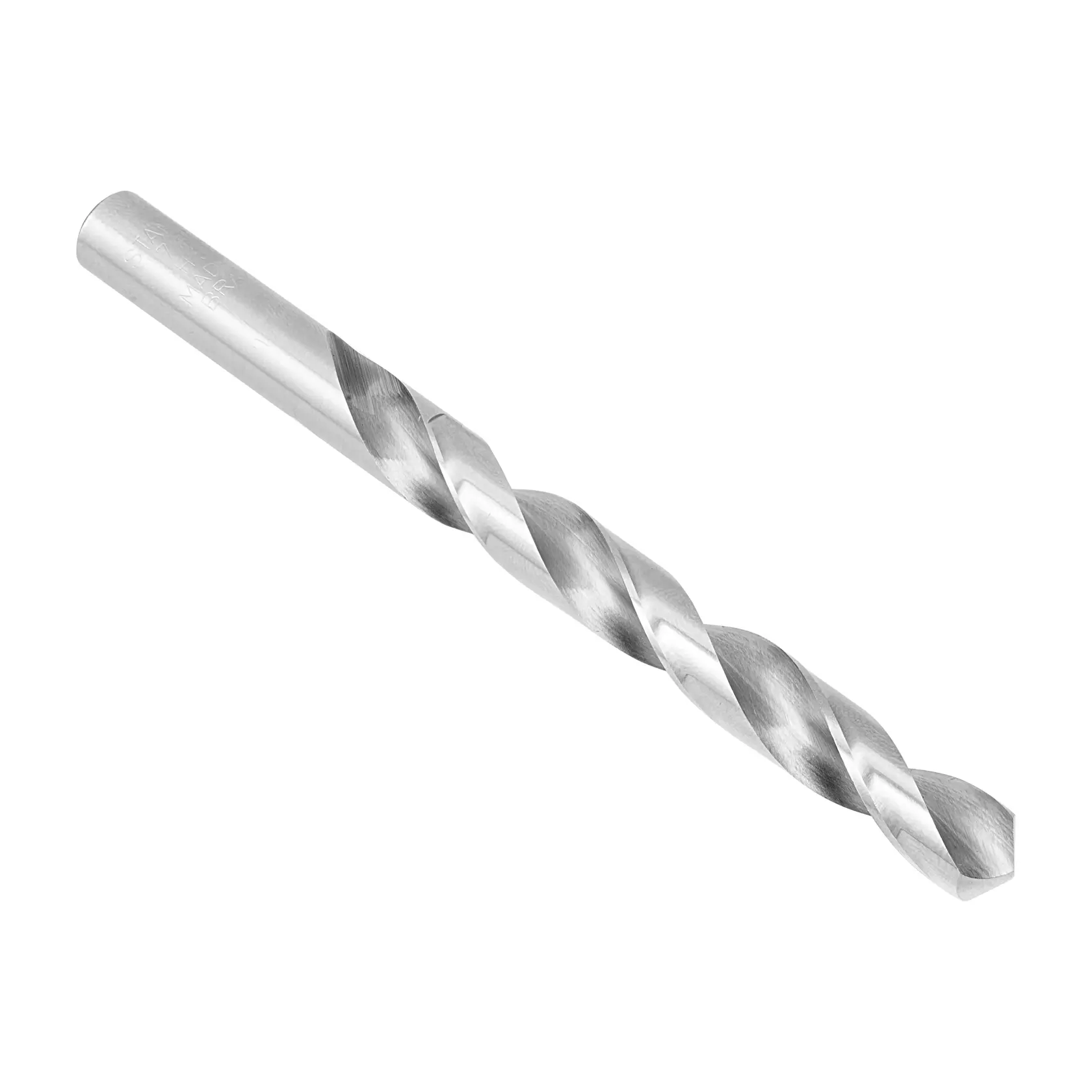 Broca helicoidal para metal STANLEY STA50716C, vista en ángulo, acabado plateado, fotografía sobre fondo blanco.