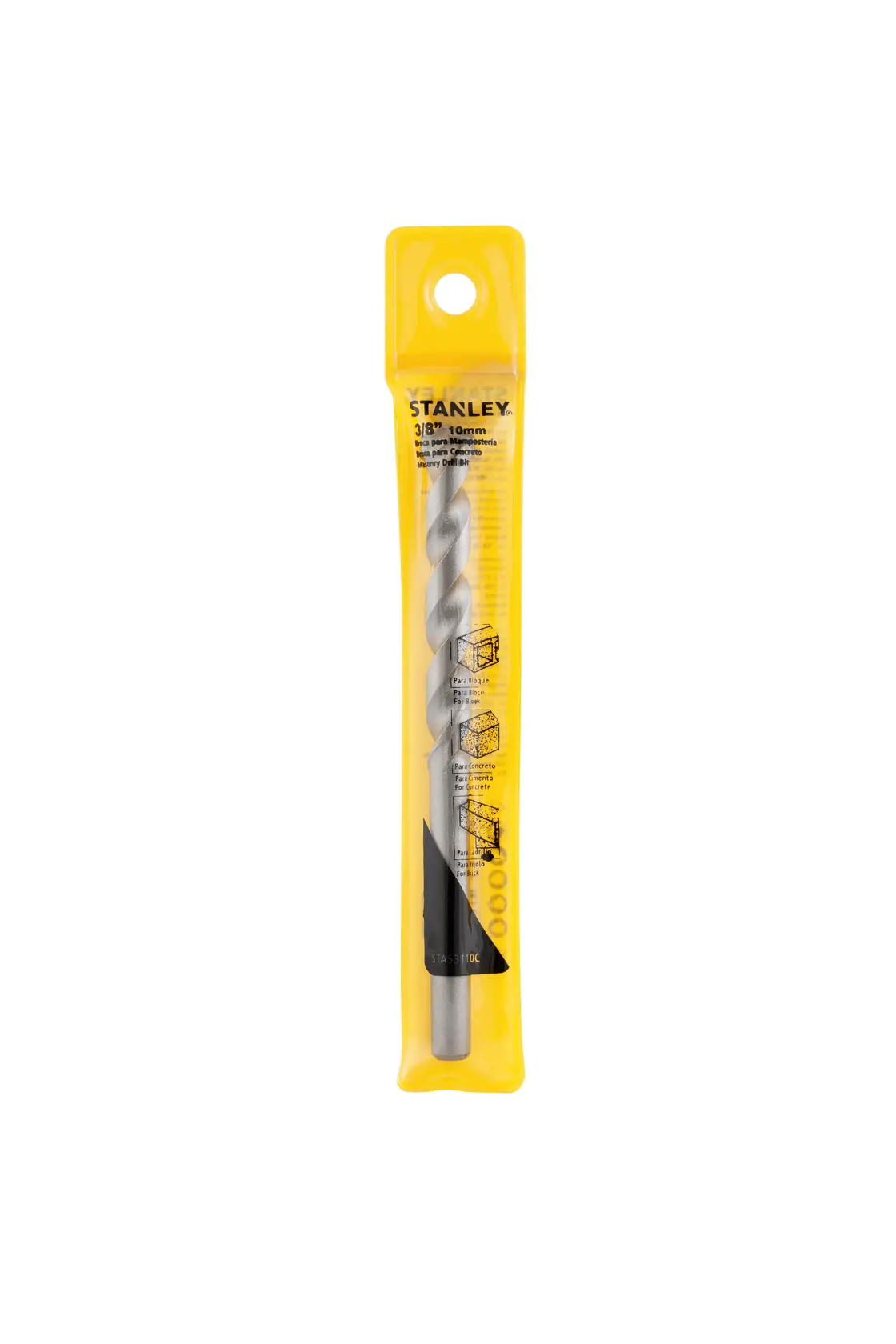 STANLEY STA53110C broca en embalaje plástico amarillo, fotografiada de frente sobre fondo blanco.