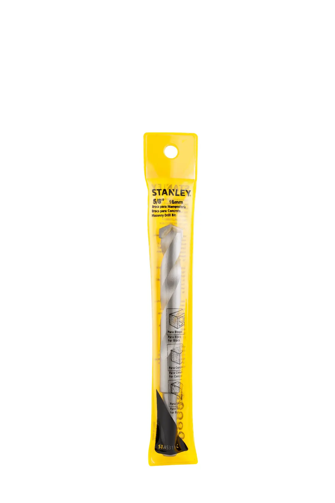 STANLEY STA53116C broca para alvenaria em embalagem amarela, ângulo frontal, fotografia do produto.
