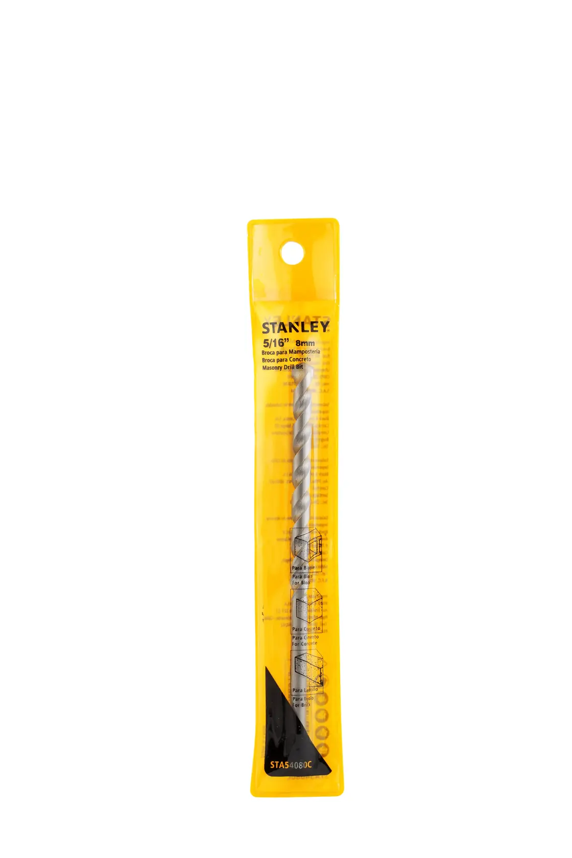 STANLEY STA54080C broca para mampostería en empaque amarillo, ángulo frontal sobre fondo blanco.