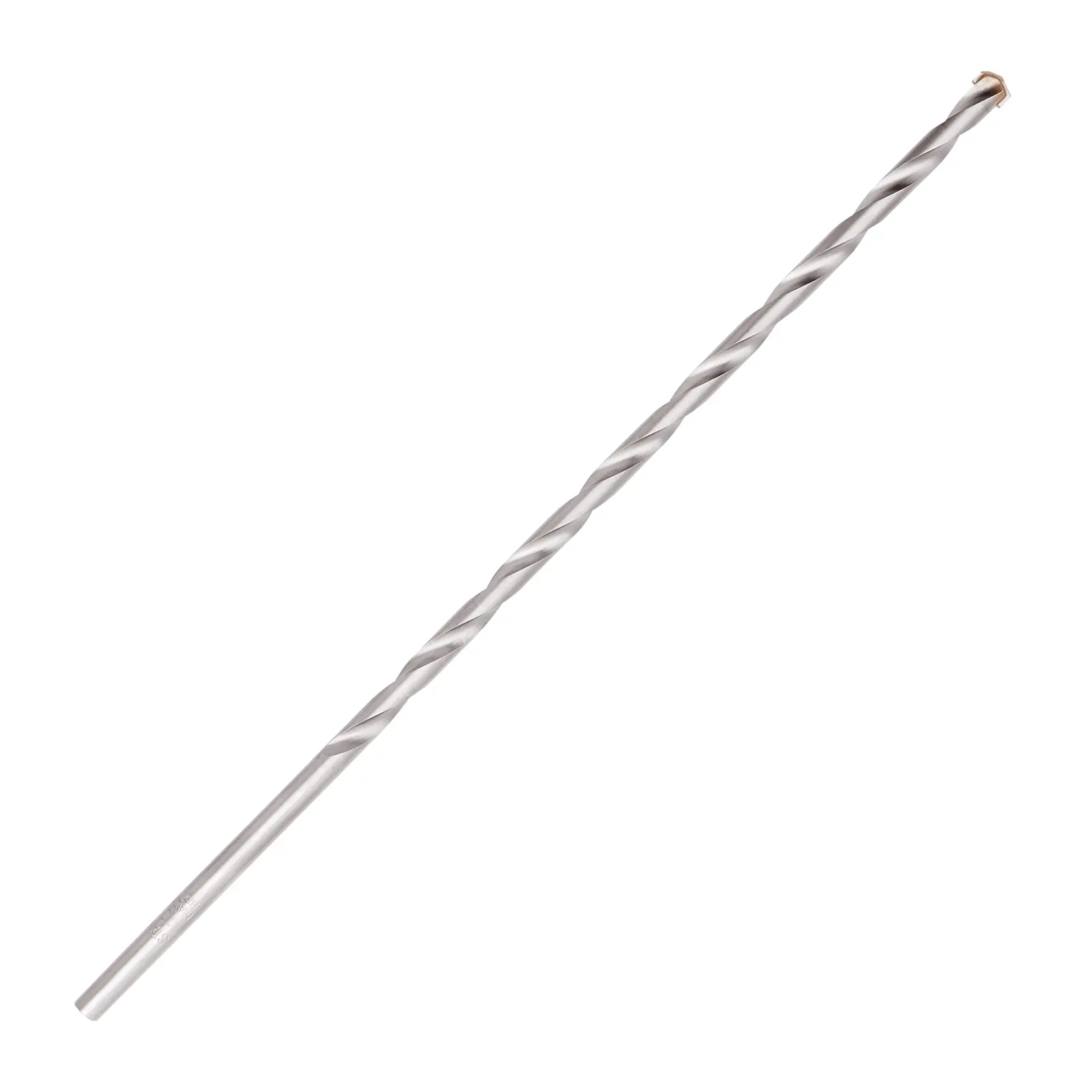 Broca longa para alvenaria STANLEY STA56100C prateada, espiral, ângulo lateral em fundo branco.