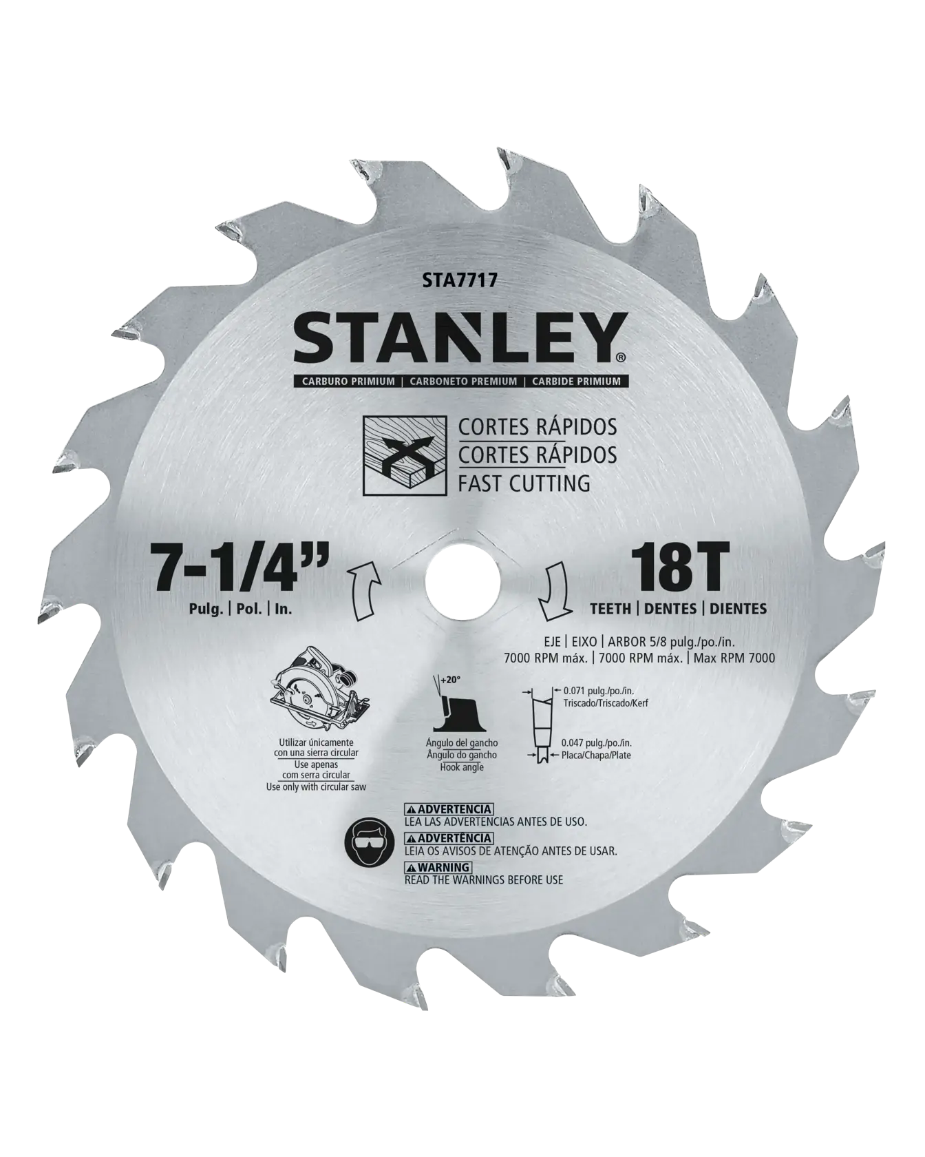 Disco de sierra circular STANLEY STA7717, diámetro de 7-1/4 pulgadas, 18 dientes, color plateado, fotografía en fondo blanco.