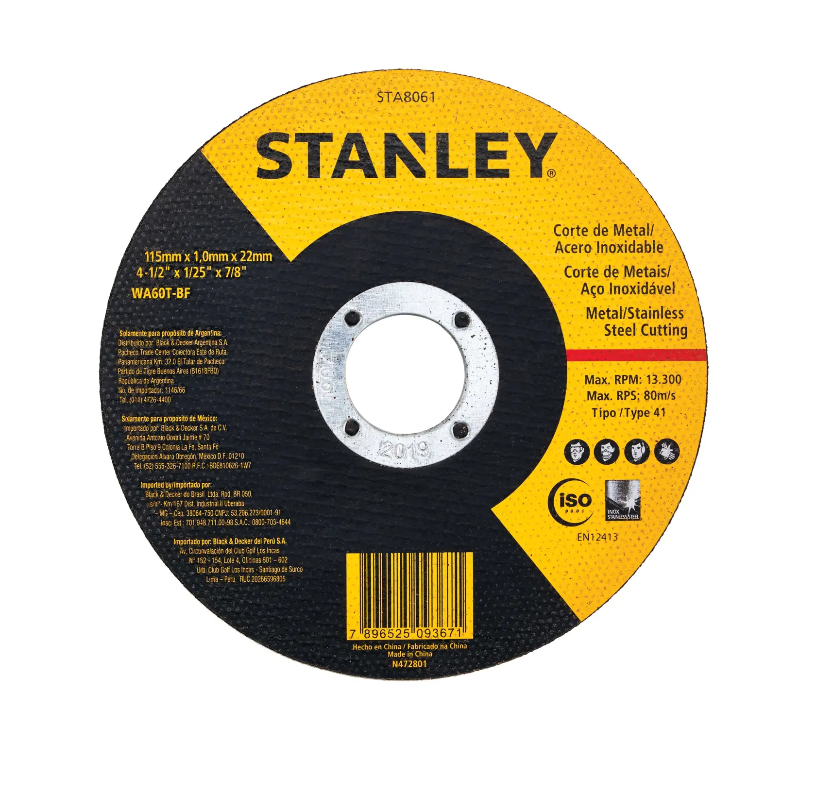 STANLEY STA8061 disco de corte para metal/acero inoxidable, redondo, diseño negro y amarillo, vista frontal sobre fondo blanco.