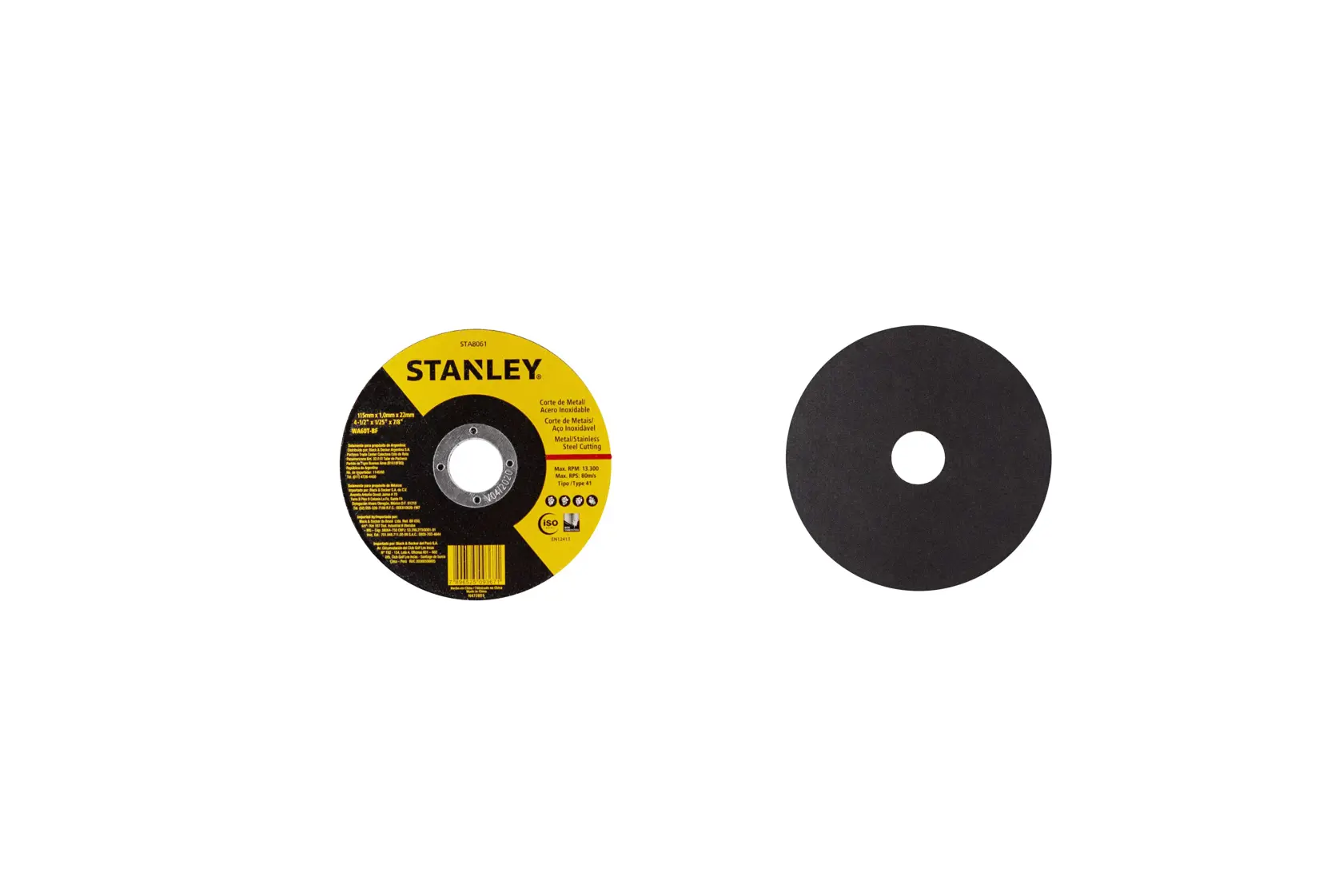 Foto do disco de desbaste STANLEY STA8061, frente e verso, preto com rótulo amarelo, fundo branco.