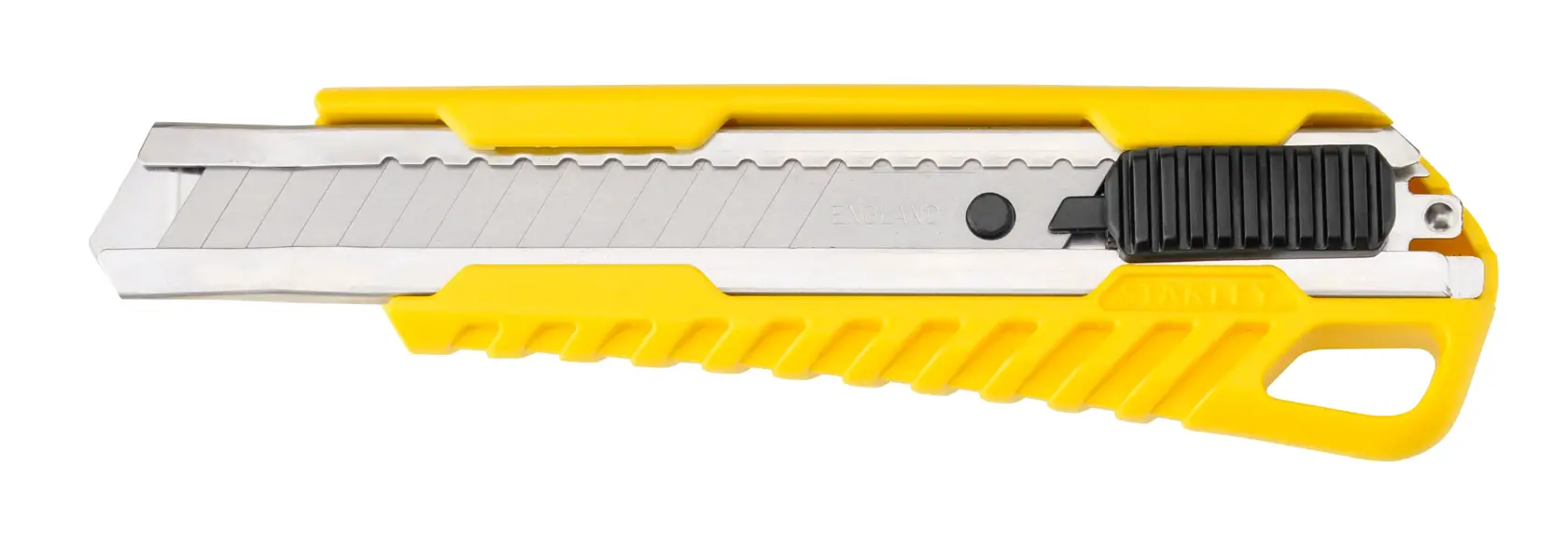 Cuchillo de uso STANLEY STHT10276 con mango amarillo, vista lateral, hoja retráctil segmentada.