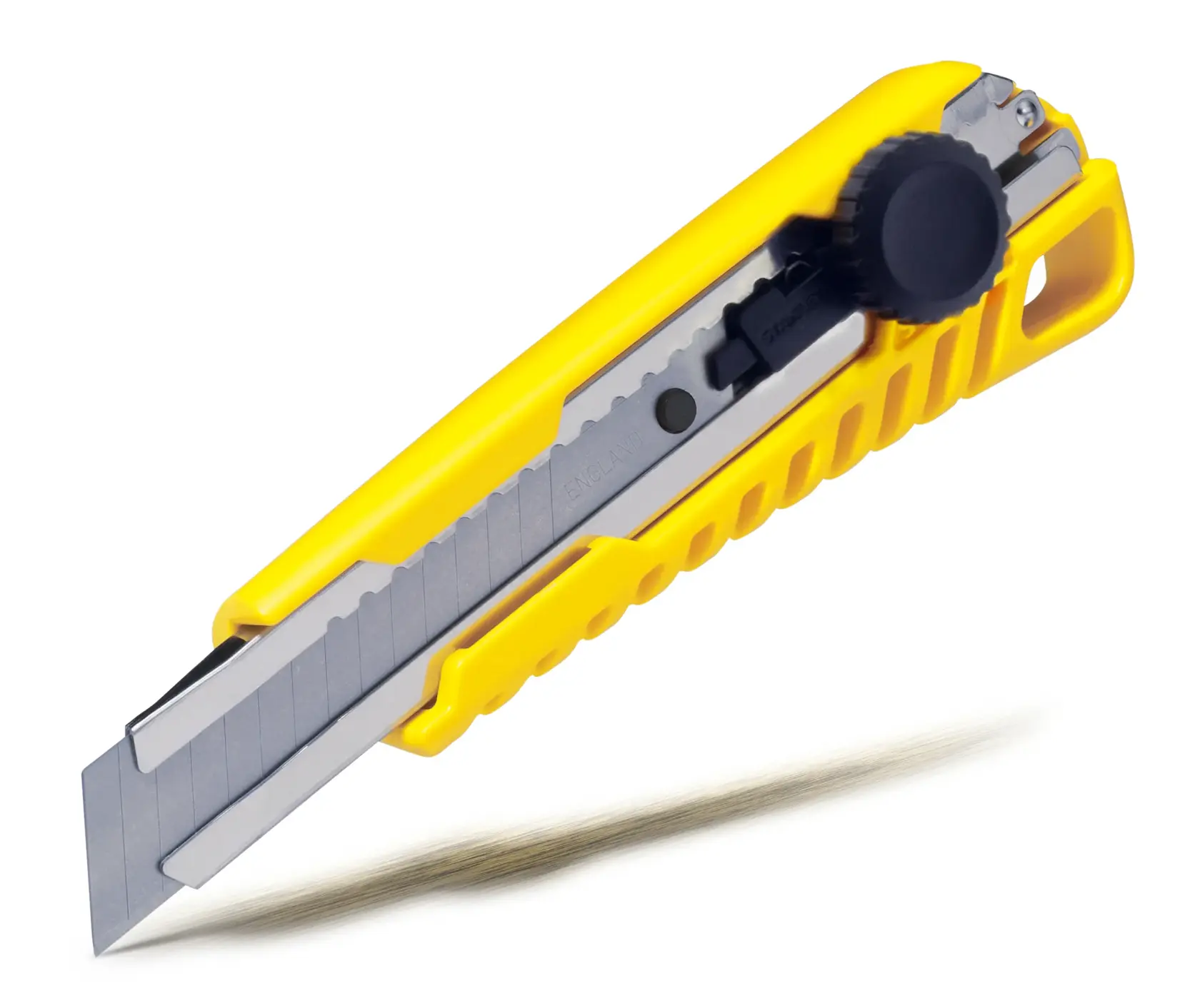 Cuchillo utilitario STANLEY STHT10321-8 con mango amarillo y hoja retráctil plateada, vista lateral sobre fondo blanco.