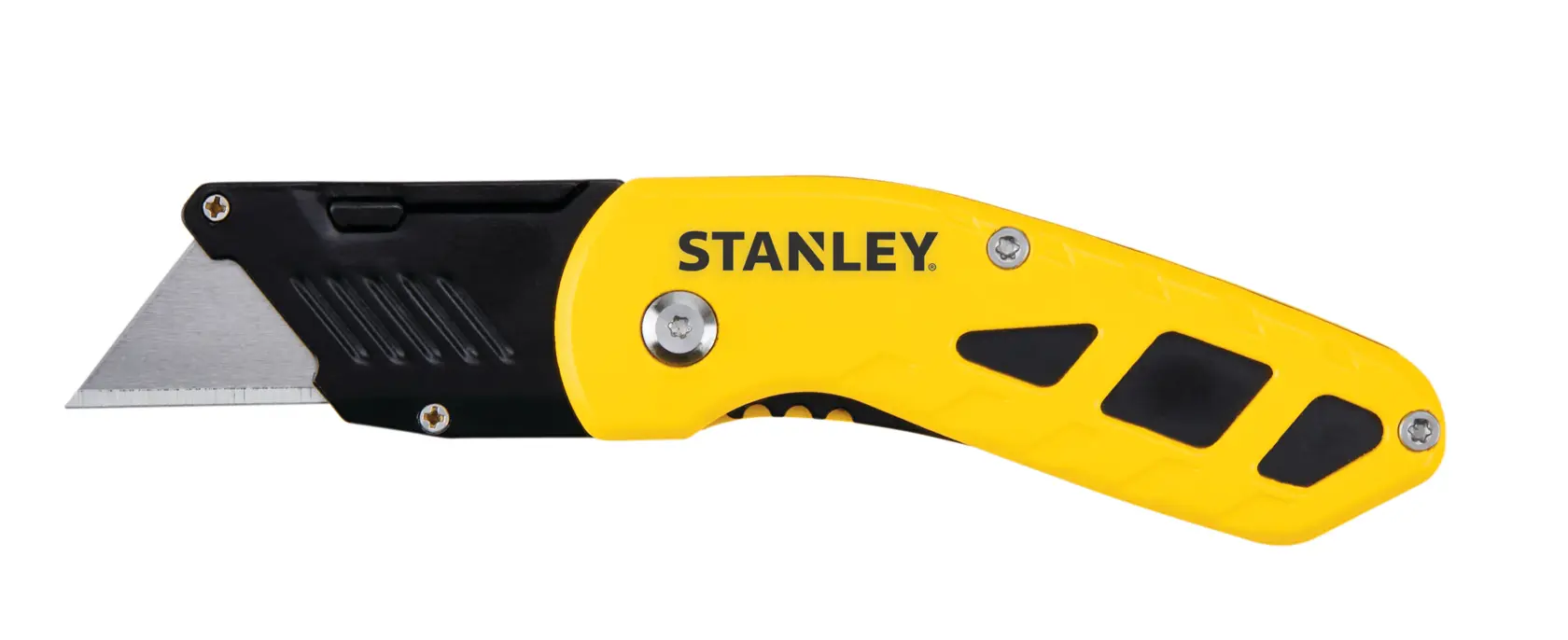 Faca utilitária dobrável Stanley vista lateral, cabo amarelo e preto, lâmina prateada exposta, fundo branco.
