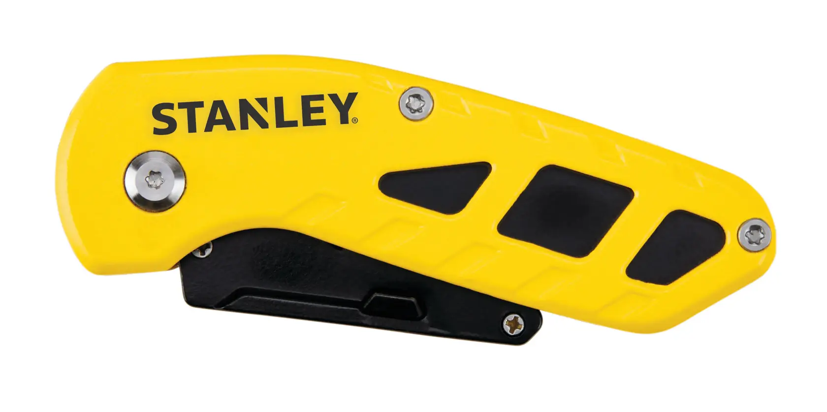 STANLEY STHT10424 faca utilitária dobrável, cabo amarelo e preto, foto lateral em fundo branco.