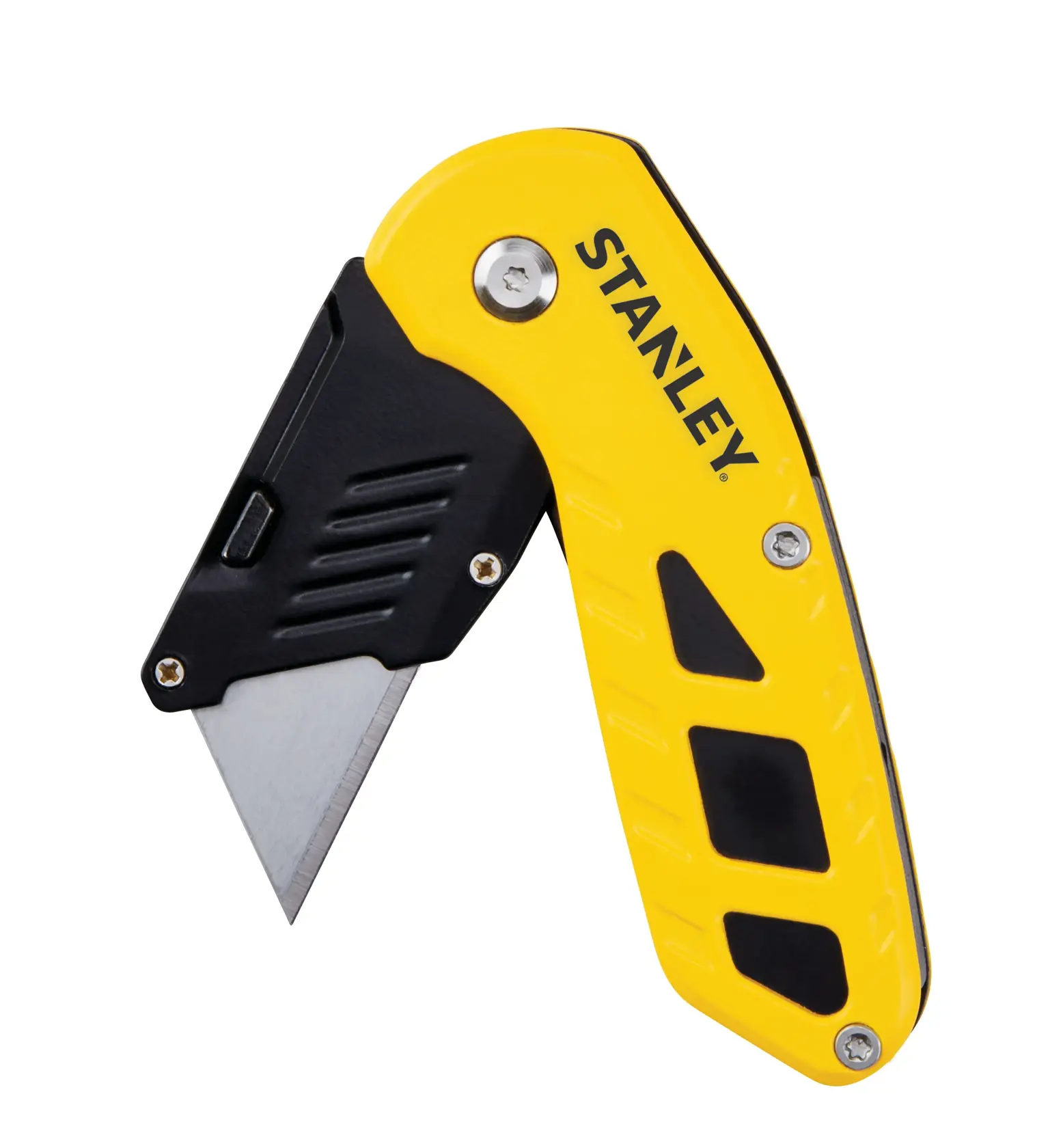 Faca utilitária dobrável Stanley, cabo amarelo e preto, angulada à esquerda, fundo branco