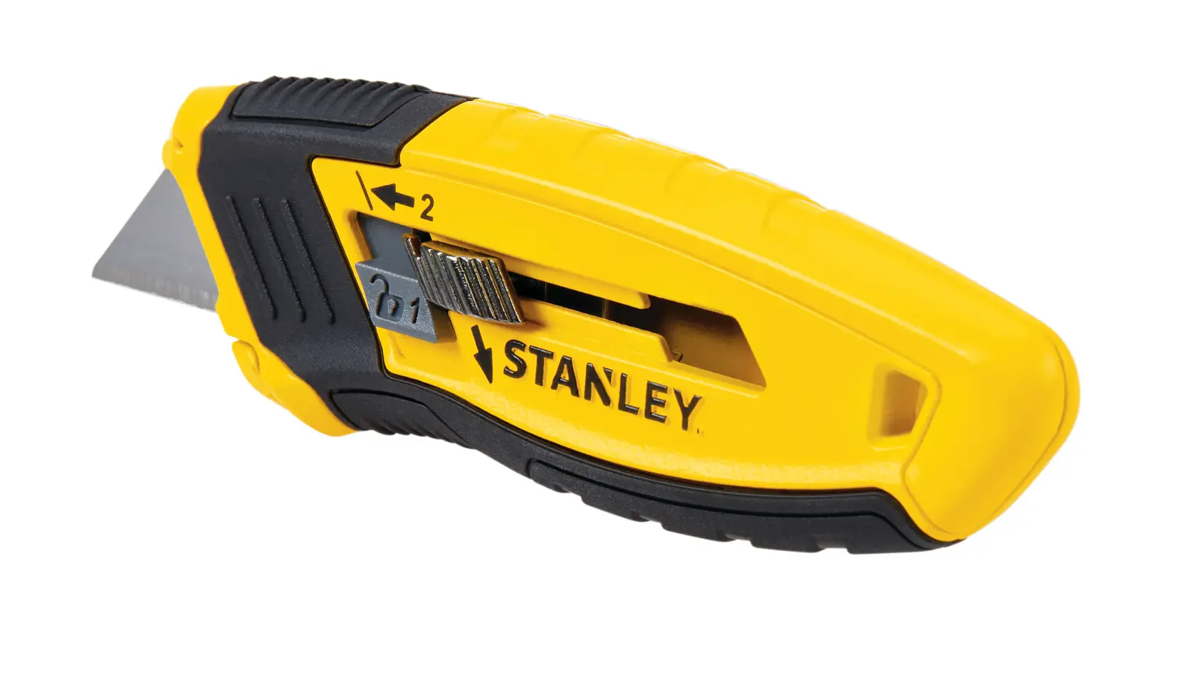 Estilete STANLEY amarelo e preto vista lateral, lâmina retrátil, pegada texturizada, fundo branco