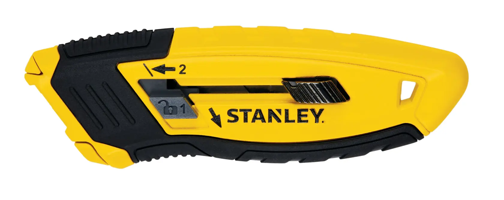 Faca utilitária Stanley vista lateral, corpo amarelo e preto, lâmina retrátil, fundo branco.