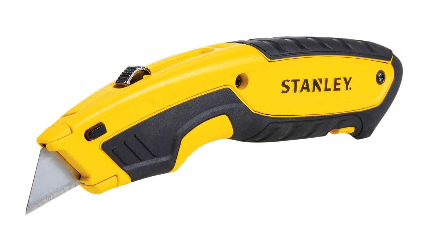 Stanley faca utilitária amarela e preta, vista lateral em fundo branco