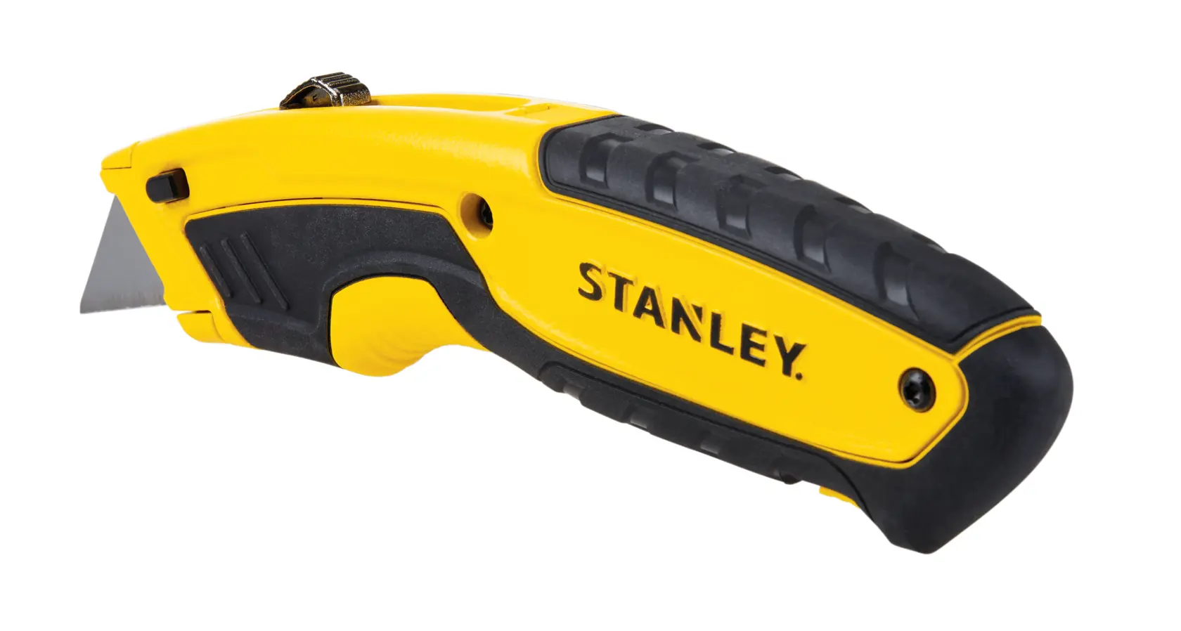 Estilete Stanley amarelo e preto em ângulo lateral sobre fundo branco, cabo ergonômico e lâmina retrátil.