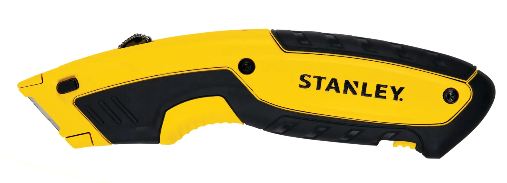 Faca utilitária Stanley vista lateral, cabo amarelo e preto, lâmina exposta, fundo branco