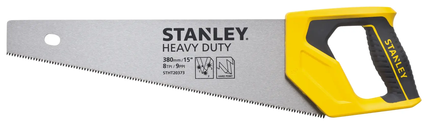 STANLEY STHT20373-LA serrote com cabo ergonômico amarelo e preto, lâmina prateada, ângulo lateral, fundo branco.