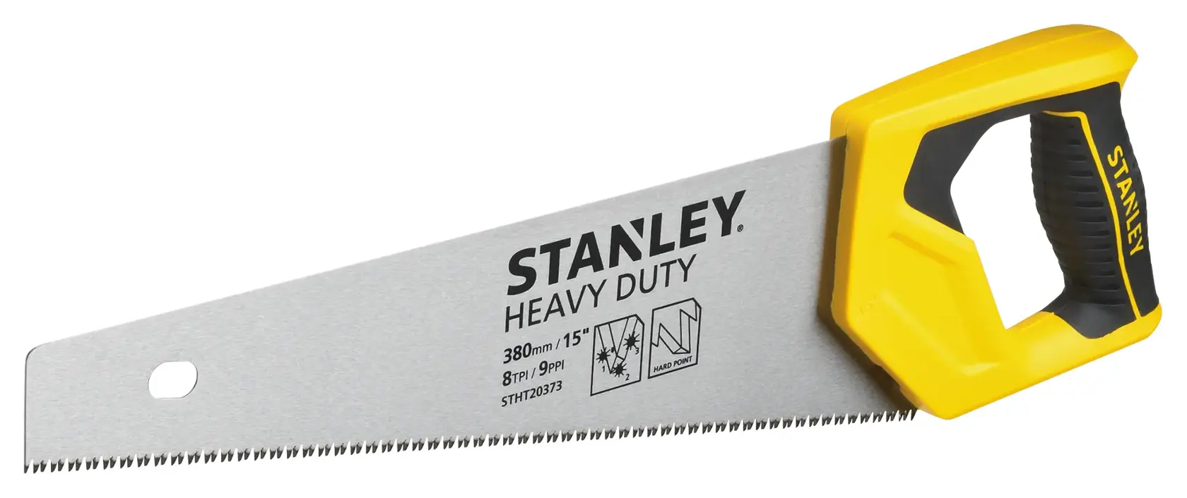 Serrote STANLEY STHT20373-LA com cabo amarelo e preto, heavy duty, visão angulada em fundo branco.