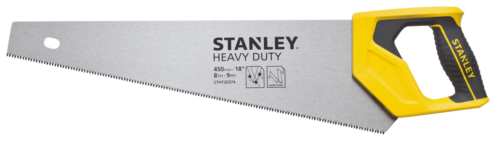 STANLEY STHT20374-LA serrote manual, uso pesado, lâmina de 18 polegadas com cabo amarelo e preto, ângulo lateral em fundo branco.