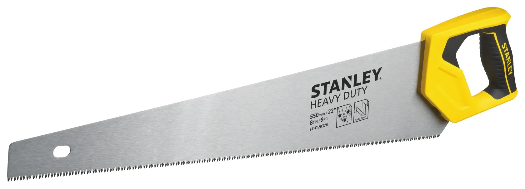Serra manual STANLEY STHT20376-LA com cabo ergonômico amarelo e preto, ângulo lateral em fundo branco.