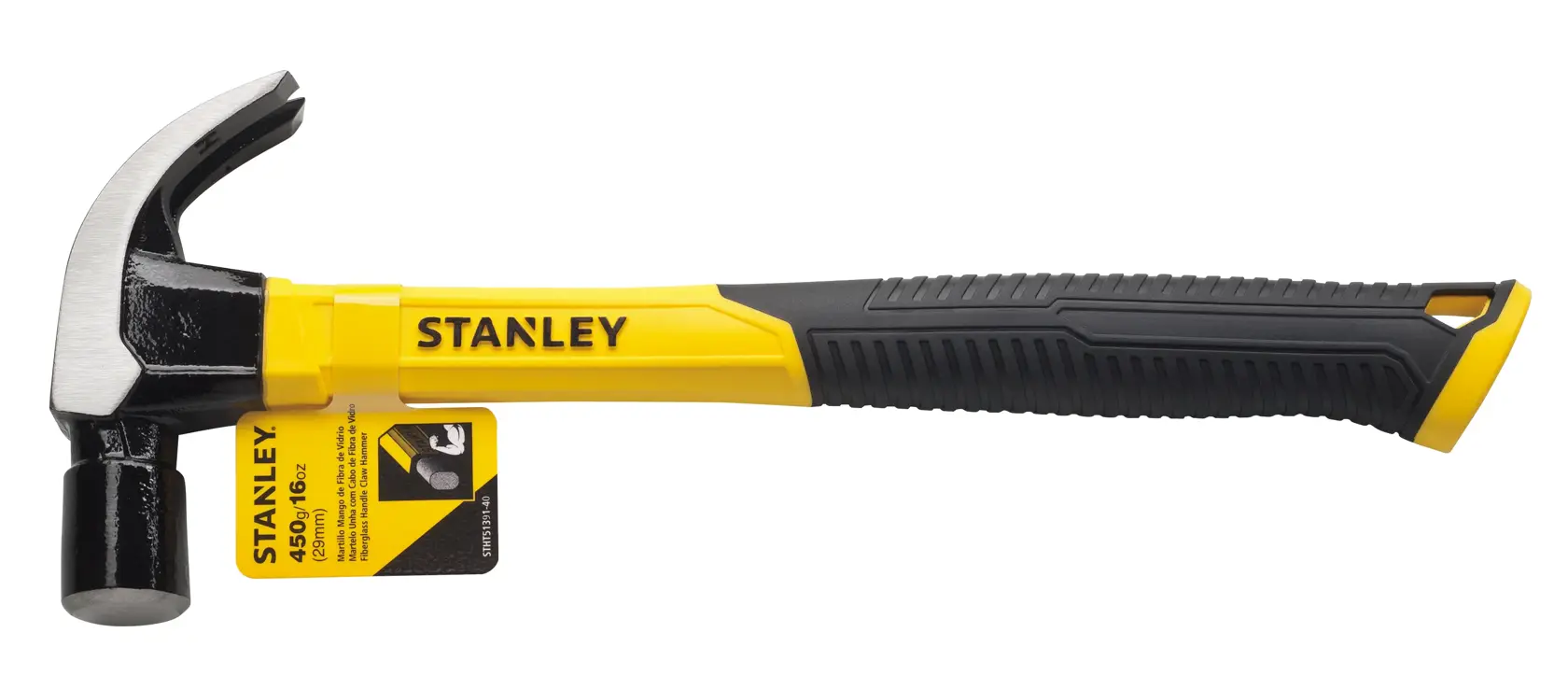 Martelo de garra STANLEY STHT51391-40 com cabo amarelo e preto, vista lateral direita, fundo branco.