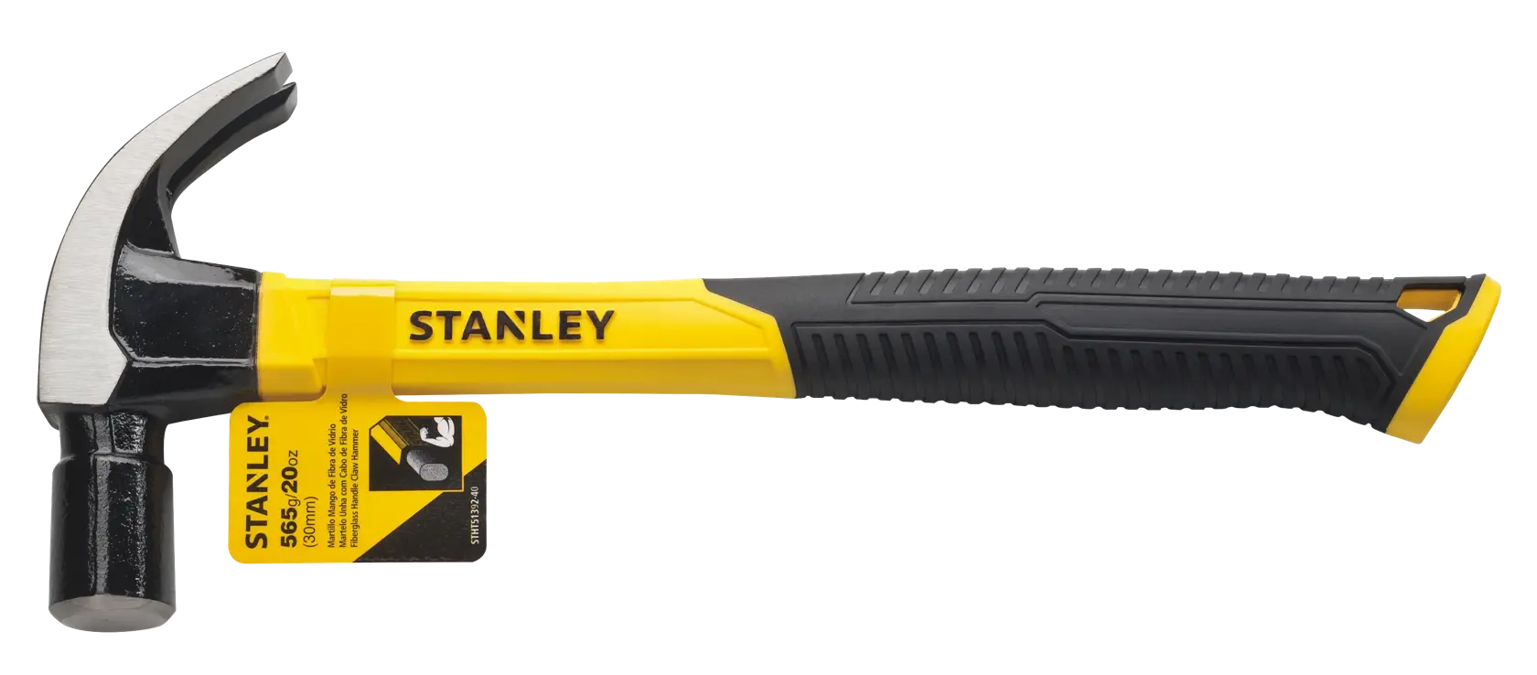 Foto do martelo de garra STANLEY STHT51392-40 com cabo amarelo e preto, vista lateral em fundo branco.