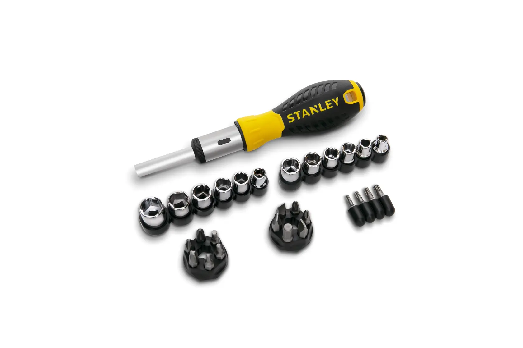Stanley STHT54925-840 juego de destornillador con diversos sockets y puntas, fotografía de producto, vista superior.