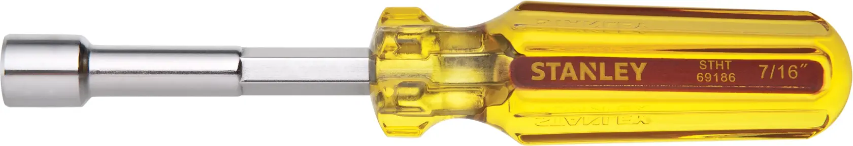 Stanley STHT69186 destornillador de tuercas con mango amarillo transparente, vista lateral sobre fondo blanco.