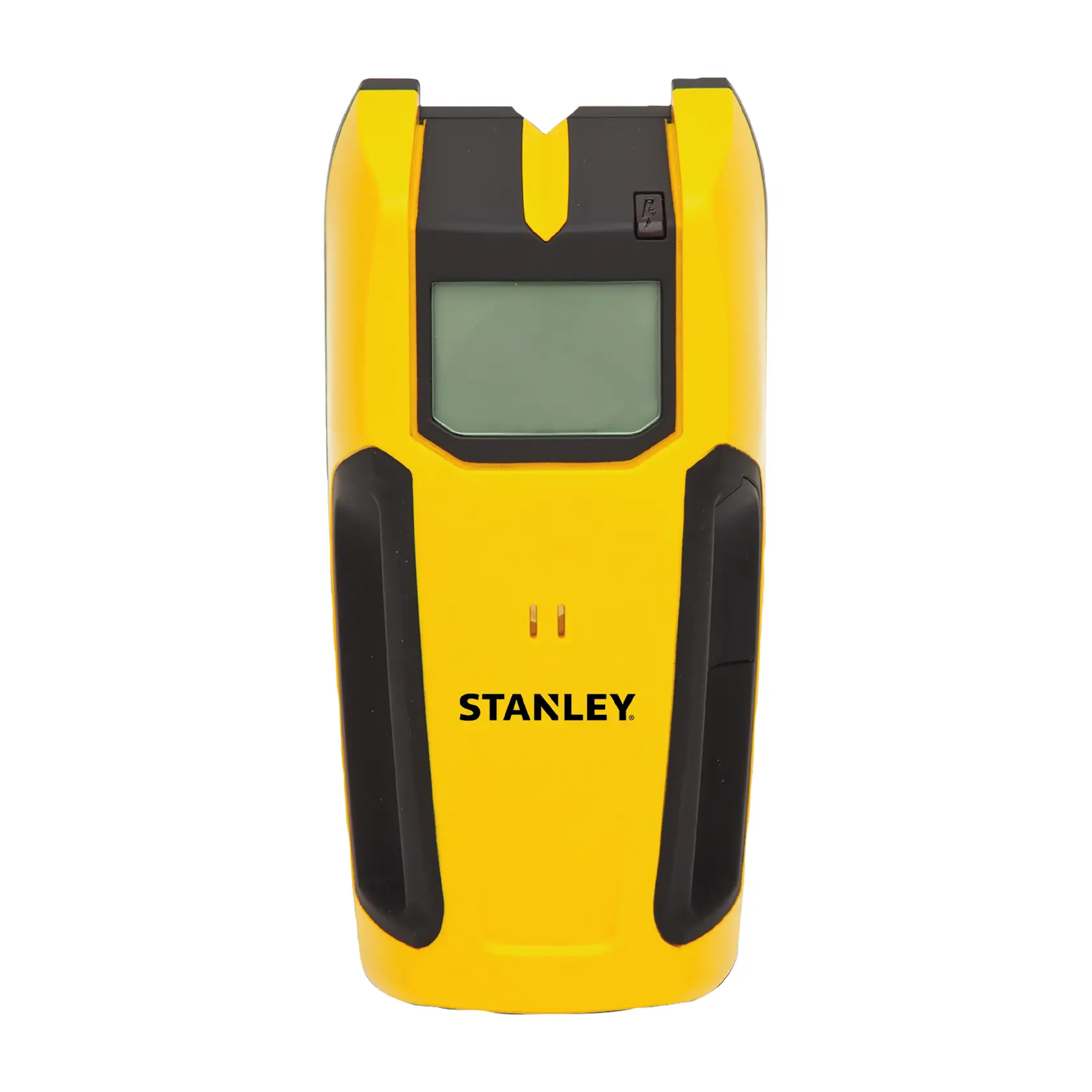 Vista frontal del detector de vigas STANLEY con carcasa amarilla y negra y pantalla LCD sobre fondo blanco.