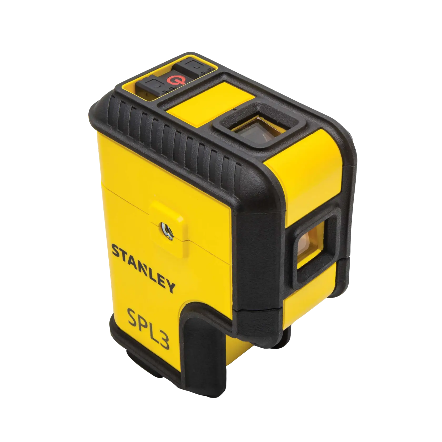 Stanley SPL3 nivel láser de líneas cruzadas autonivelante amarillo y negro, vista en tres cuartos sobre fondo blanco
