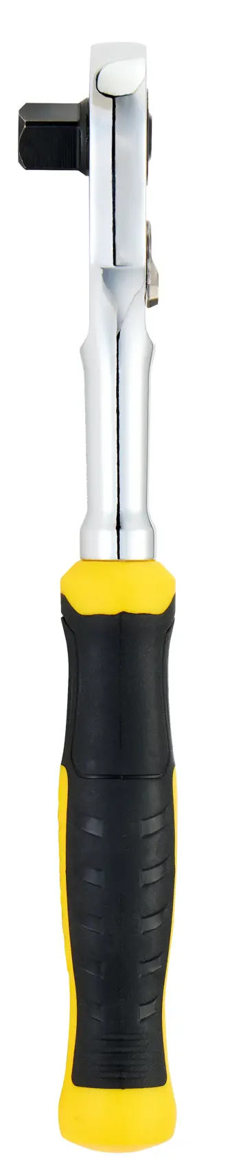 Chave catraca STANLEY STMT17991-LA com cabo ergonômico amarelo e preto, vista frontal em fundo branco.