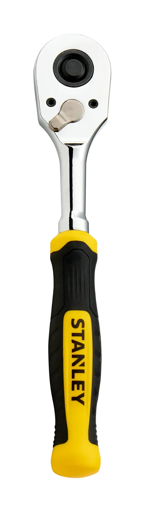 Chave catraca STANLEY STMT17992-LA com cabo preto e amarelo, vista frontal em fundo branco.
