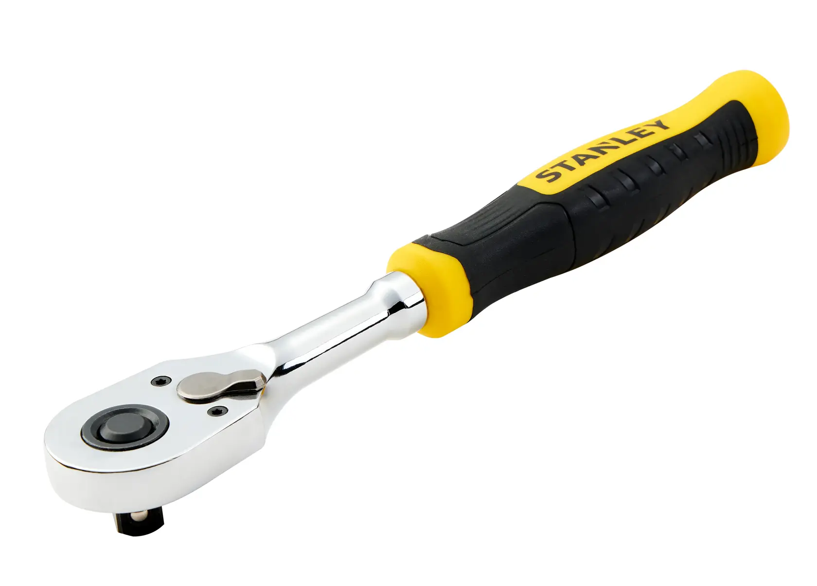 STANLEY STMT17992-LA catraca com cabeça cromada e cabo ergonômico preto-amarelo, ângulo frontal, ferramenta manual.