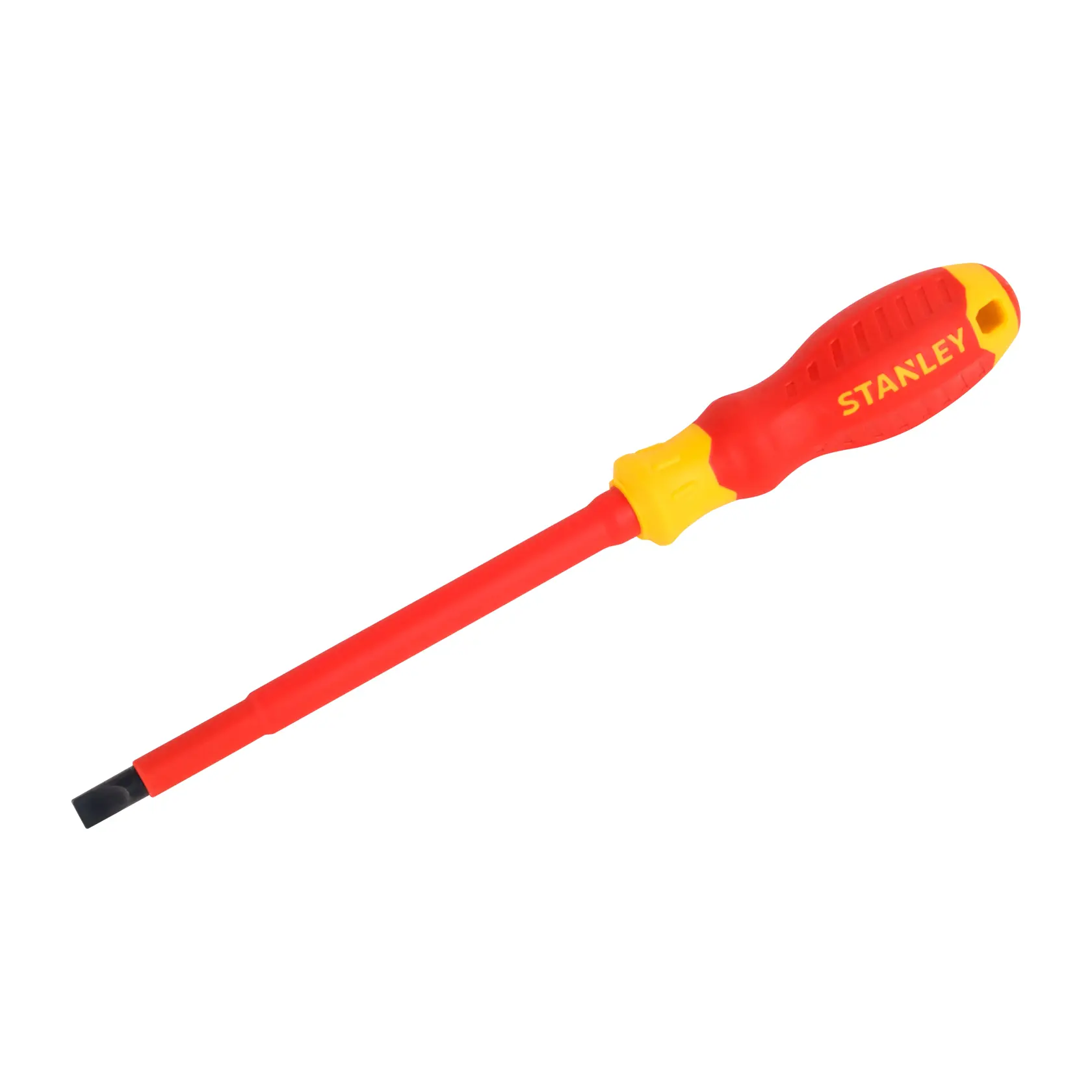 Destornillador plano aislado STANLEY STMT60167-LA con mango rojo y amarillo, ángulo lateral sobre fondo blanco.