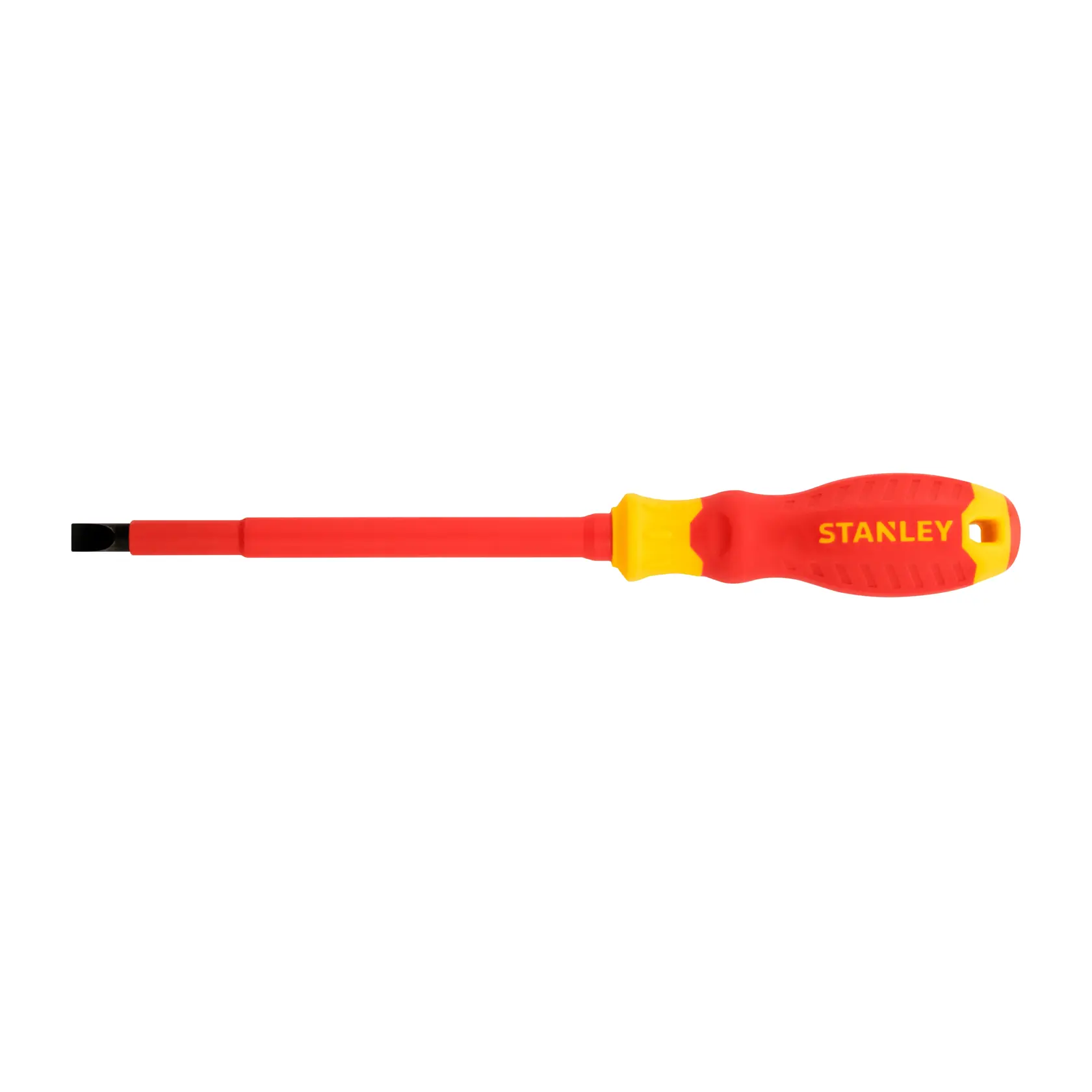 Stanley STMT60167-LA destornillador plano aislado, mango rojo y amarillo, vista lateral del producto.