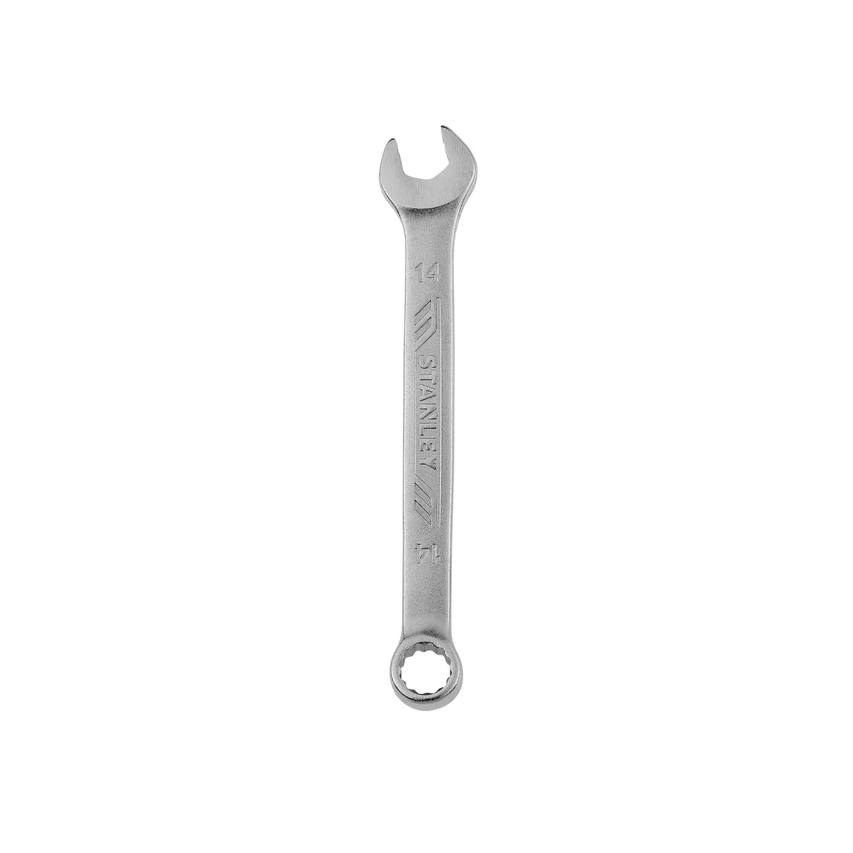 Foto de la llave combinada STANLEY STMT72811, metal plateado, 14 mm, vista superior sobre fondo blanco.